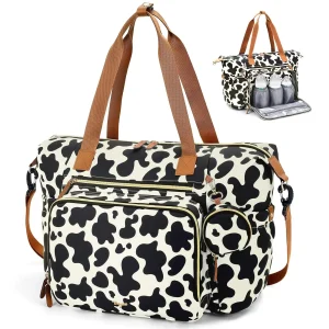 Large Cow Print Diaper Bag Tote with Changing Pad
