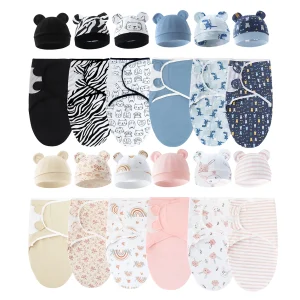 Set of 3 newborn swaddle blankets and baby hats, suitable for boys and girls aged 0-3 months, swaddle design imitates the shape